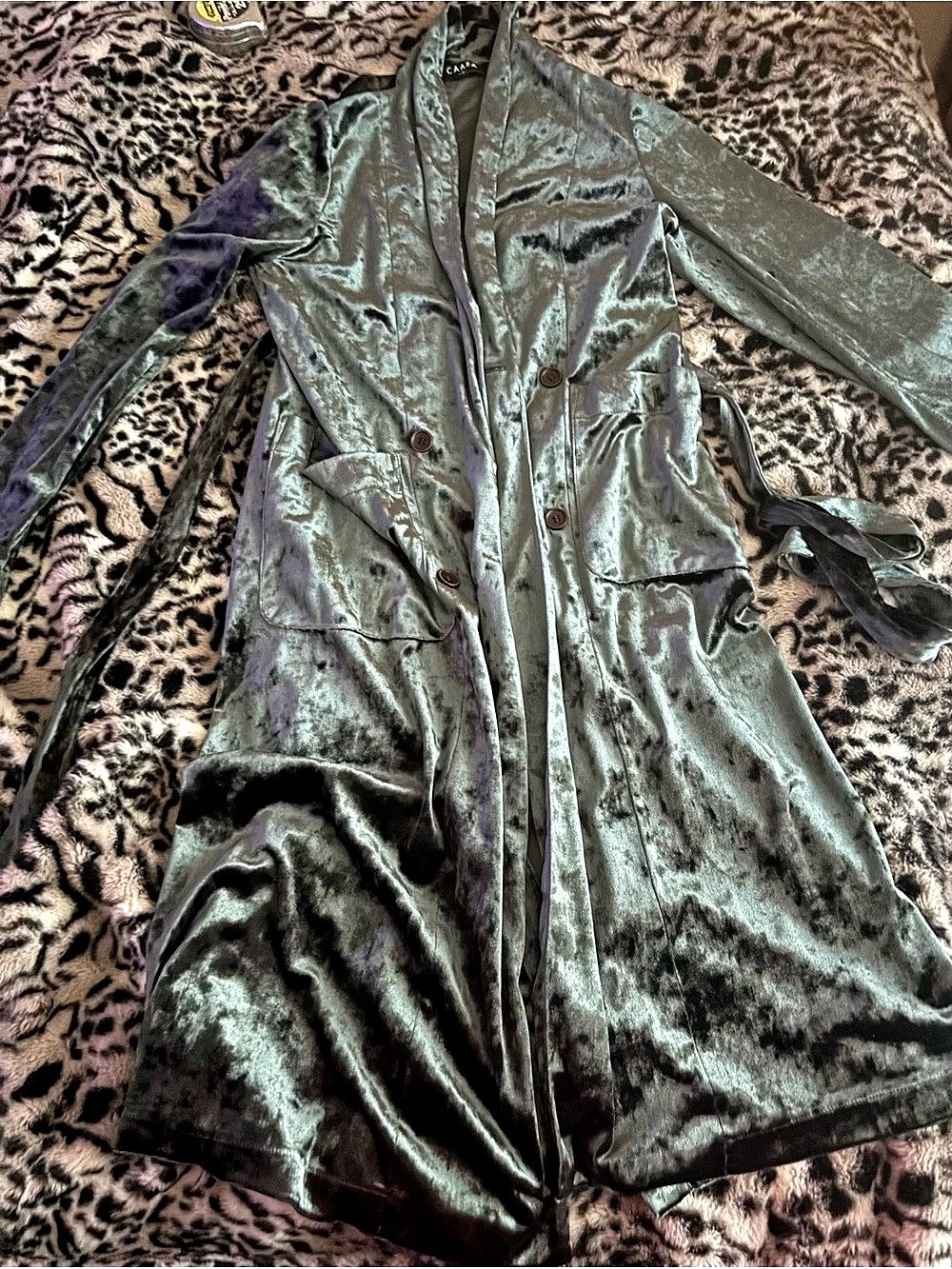 CAARA Velvet-Look Trench Coat in Green Like New